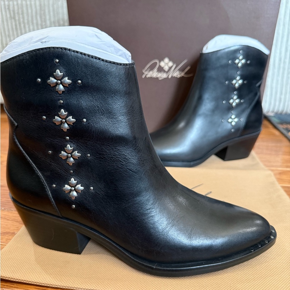 Patricia Nash Sarafina Black Leather Ankle Boots with Silver Stud Accents